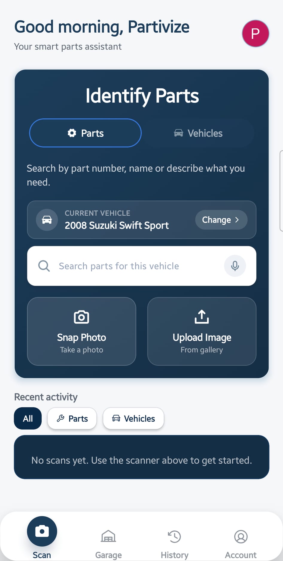 Partivize Identify Parts screen with snap photo, upload image, and part number search options