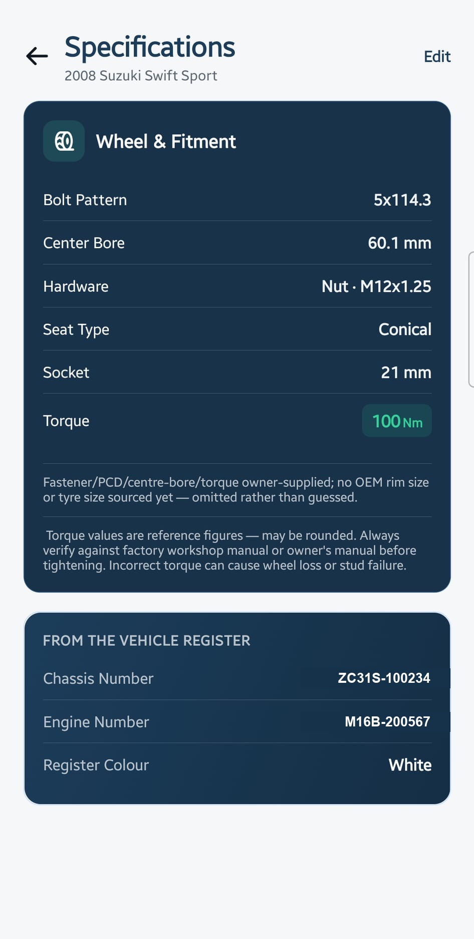 Partivize Specifications screen listing bolt pattern, centre bore, hardware, seat type, socket, and torque alongside register details