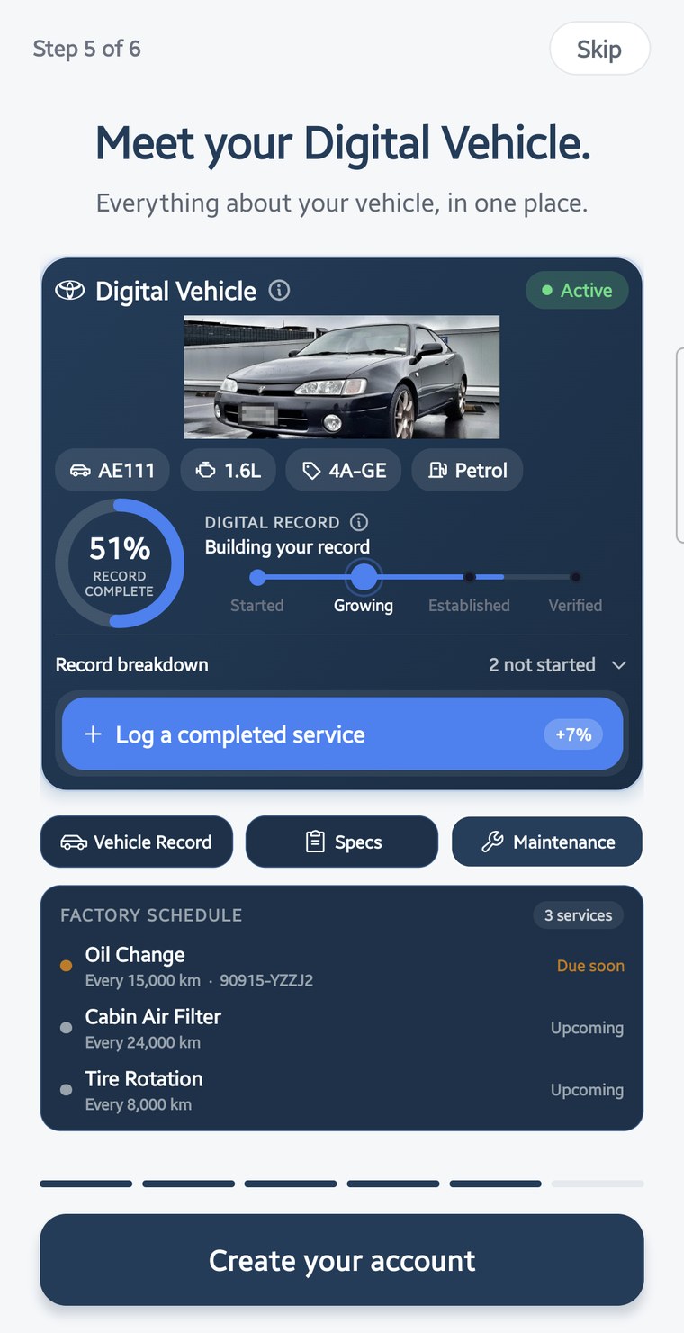 Partivize Digital Vehicle screen showing a photo, quick specs, record completion progress, and the factory schedule listing an oil change due soon every 15,000 km with part number 90915-YZZJ2, a cabin air filter, and a tyre rotation