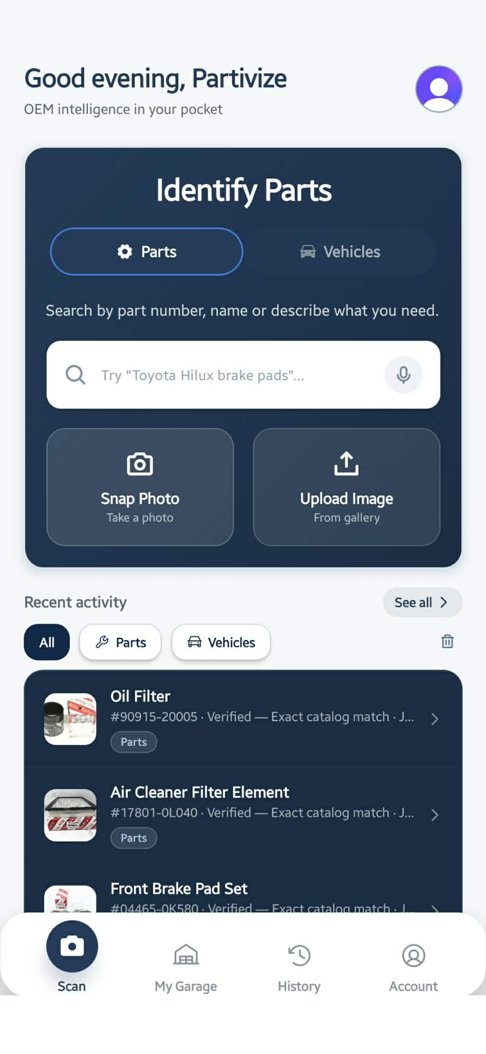 Partivize app, Parts screen