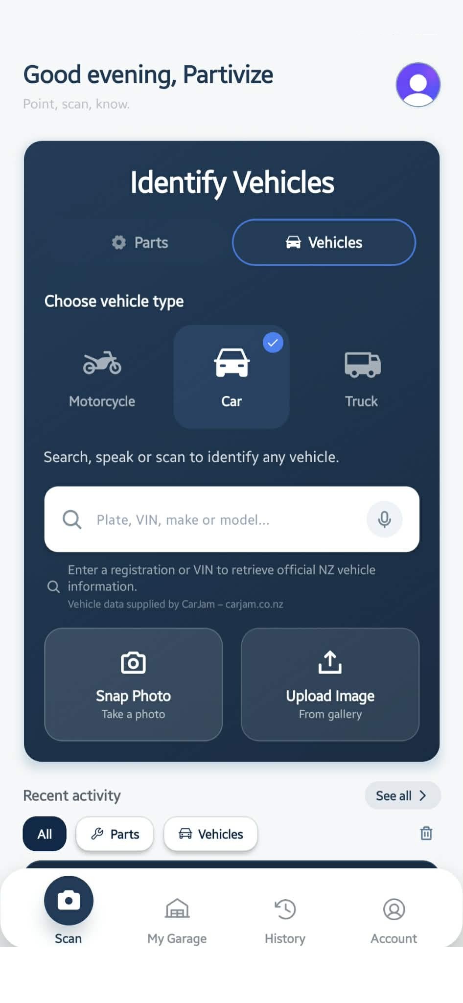 Partivize Identify Vehicles screen with vehicle type, plate, VIN, make, model, photo, and upload options