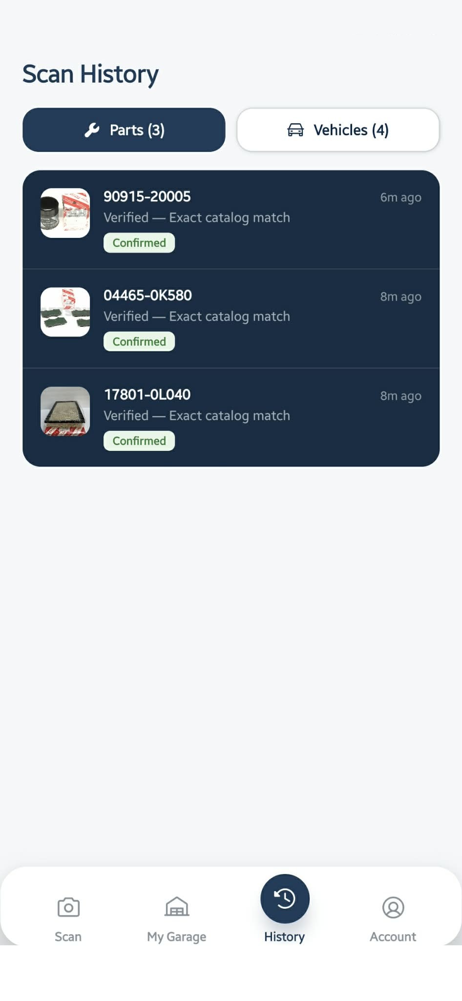 Scan history with confirmed exact catalogue matches
