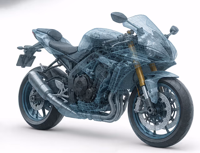 Motorbike cutaway showing its internal mechanical systems